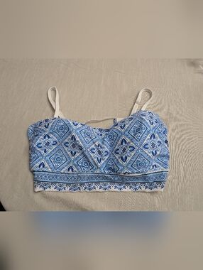 La Blanca Bandeau Midkini Tile Print Swim Top Padded Bra Tie Back Blue White 22W